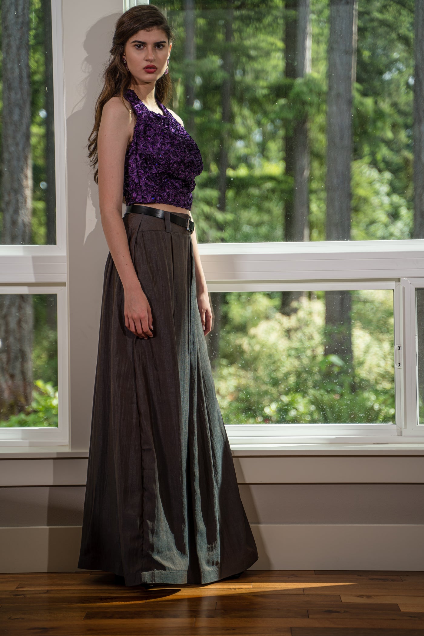 2 piece Deep Purple Sequin Criss Cross back Blouse with Grey/Brown Skirt