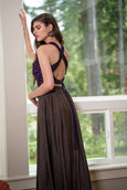 2 piece Deep Purple Sequin Criss Cross back Blouse with Grey/Brown Skirt