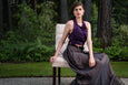 2 piece Deep Purple Sequin Criss Cross back Blouse with Grey/Brown Skirt