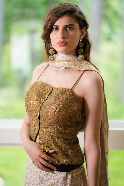 3 Piece Tolla work Lehenga with Dusty Gold Sequin Top Set