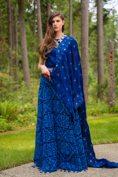 3 Piece Royal Blue Patchwork Lehenga Set