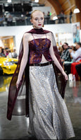 3 Piece Grey Banarasi Lehenga with Navy Blue/Bronze Jacquard Top