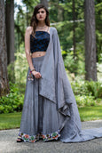 3 Piece Grey Silk Lehenga with handmade bead border