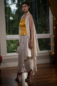 3 Piece Box Pant with Bright Yellow Brocade Top with Georgette Sequin Cape