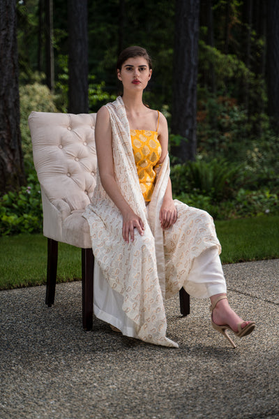 3 Piece Box Pant with Bright Yellow Brocade Top with Georgette Sequin Cape