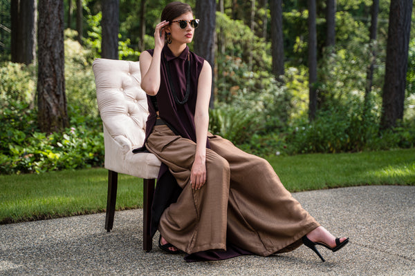 3 Piece Burgundy/Black Gown with Brown Palazzo