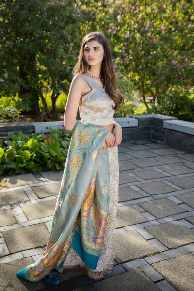 3 Piece Pastel Embroidery Lehenga with dusty silver/gold Blouse Set
