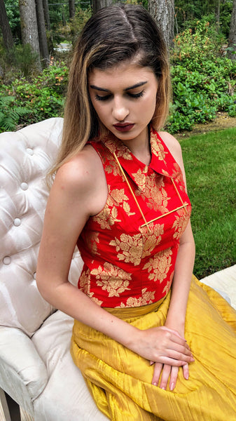 Hot Red Brocade Collared Top